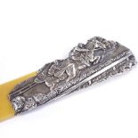 A silver and ivorine large paper knife, with high relief embossed horse racing handle, stamped