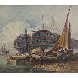 19th century English School, watercolour, hulks in harbour, unsigned, 13.5" x 20", framed