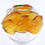 A large modern Lalique clear glass bowl, with amber glass dragon design mounts, height 22cm, perfect