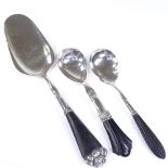 3 Danish silver planished spoons, with carved wood handles, dates for 1923/24/25, slice length 24cm