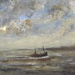 Early to mid-20th century oil on board, fishing boat heading towards Hastings, indistinctly