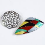 2 Danish sterling silver abstract brooches, with coloured enamel designs, largest length 70.5mm