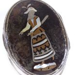 A Georgian silver and tortoiseshell picquet inlaid oval snuffbox, with mother-of-pearl set maiden