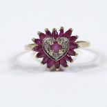 A 9ct gold ruby and diamond cluster heart ring, setting height 11.9mm, size P, 2.3g