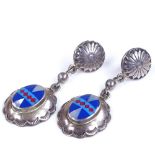 A pair of sterling silver enamel and mother-of-pearl drop pendant earrings, with engraved floral