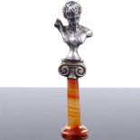 A miniature unmarked silver and agate Classical bust seal, height 53mm