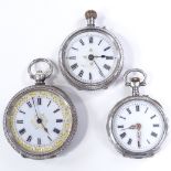 3 silver cased open-face fob watches, largest case width 35mm (3)