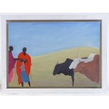 John Duplock, oil on canvas, Maasai herdsmen Tanzania, 14" x 19", framed