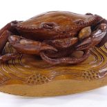 A carved wood crab design desk blotter, early 20th century, length 13cm