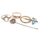 Various gold jewellery, comprising 9ct turquoise and pearl bar brooch, 10ct opal ring, 15ct stone