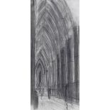 Lincoln Taber, drawing, Westminster Abbey interior, New Grafton Gallery Exhibition label verso,