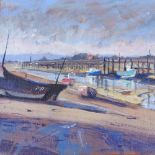Karl Terry, oil on canvas, boats on the estuary at low tide, 10" x 12", unframed