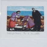 Karolina Larusdottir, coloured etching, looking for treasure, signed in pencil, plate size 4" x
