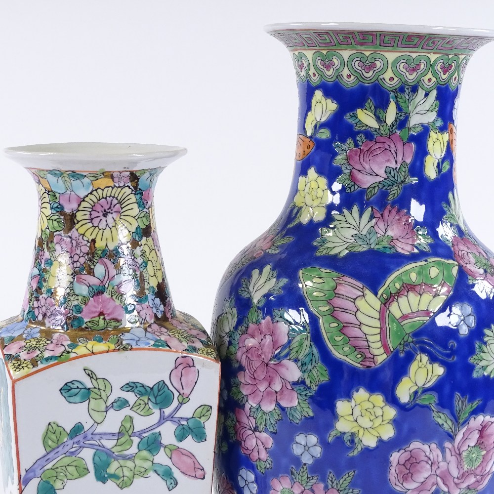 A Chinese porcelain blue ground vase, with butterflies and flowers, height 37cm, and a Chinese