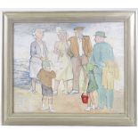 Mid-20th century oil on canvas, figures at the beach, unsigned, 20" x 25", framed