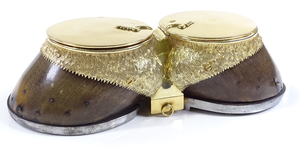 A good quality Victorian silver-gilt mounted double horse hoof desk-top inkwell, with hinged lids