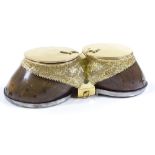 A good quality Victorian silver-gilt mounted double horse hoof desk-top inkwell, with hinged lids