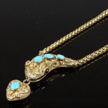 A Victorian unmarked gold snake necklace, with graduated collet set turquoise head, cabochon