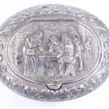 A Continental silver oval snuffbox, with hinged tavern scene lid, maker's marks LG, length 8cm