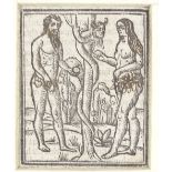 16th / 17th century woodblock print, Adam and Eve, 2.5" x 2", mounted