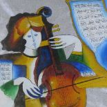 Modern mixed media painting, modernist study of a cellist, indistinctly signed, 24" x 19", framed