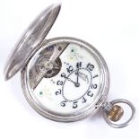 An Art Nouveau silver cased full hunter side-wind Hebdomas pocket watch, with skeleton balance wheel