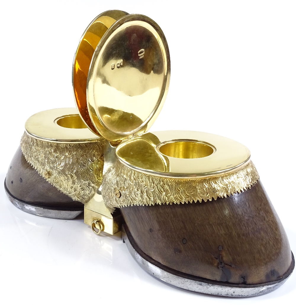 A good quality Victorian silver-gilt mounted double horse hoof desk-top inkwell, with hinged lids - Image 2 of 3