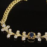 A 15ct gold sapphire and diamond curb link bracelet, set with old and rose-cut diamonds and