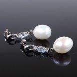 A pair of unmarked white metal aquamarine pearl and diamond drop earrings, overall height 32.8mm,