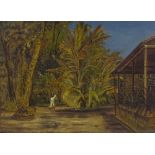 19th century oil on canvas, Colonial garden scene, unsigned, 14" x 19", framed