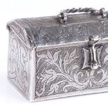 An Antique silver miniature trunk design box, possible Dutch or German, with all over bright-cut