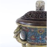 An Antique Chinese bronze and cloisonne enamel 2-handled incense burner / censer, original carved