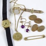 Various gold jewellery, including an 18ct gold tie pin, a pair of 9ct cufflinks, a 9ct peridot and