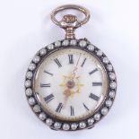 A Swiss unmarked yellow metal open-face top-wind fob watch, with pearl set bezel and printed image