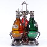 A harlequin 3-colour glass decanter set on plated stand