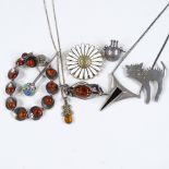 Various Scandinavian sterling silver jewellery, including a Georg Jensen daisy enamel brooch, an N E