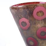 Adam Aaronson, large red glass handmade fan-shaped vase, covered in gold leaf with disc patterns,