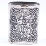 A Continental silver sliding Vesta case, with smoking and dancing embossed scenes, length 6cm