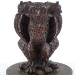 An early 20th century bronze owl design car mascot, inscribed on base 1917 Offzieren, height 8cm