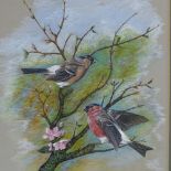 Jill Howes, gouache, bullfinches on a branch, 1975, 12" x 9.5", framed