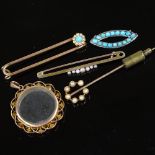 Various turquoise and pearl jewellery, comprising 9ct photo locket, 9ct scarf pin, tie pin, and