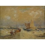 Copley Fielding, 19th century watercolour, fishing fleet on rough seas, 7" x 9", framed