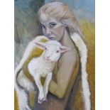 Clive Fredriksson, oil on canvas, girl with a lamb, 32" x 20", unframed