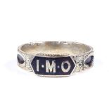 A 9ct gold black enamel mourning band ring, with bright-cut engraved shank, and engraved inside "C