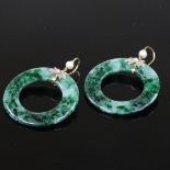 A pair of Art Deco spinach jade pearl and diamond hoop earrings, hoop diameter 35mm, 13.6g