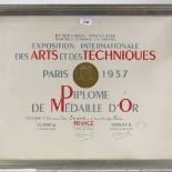 A 1937 Medaille d'Or Paris Art Exhibition certificate, 19" x 26", framed
