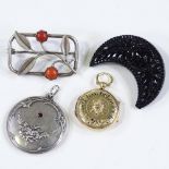 A small gold photo locket, a Continental silver and coral brooch etc (4)