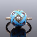 An unmarked gold pearl ruby and blue enamel bombe ring, setting height 12.6mm, size J, 3.5g