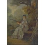 19th century French School, oil on canvas laid on board, portrait of a woman playing a lute,