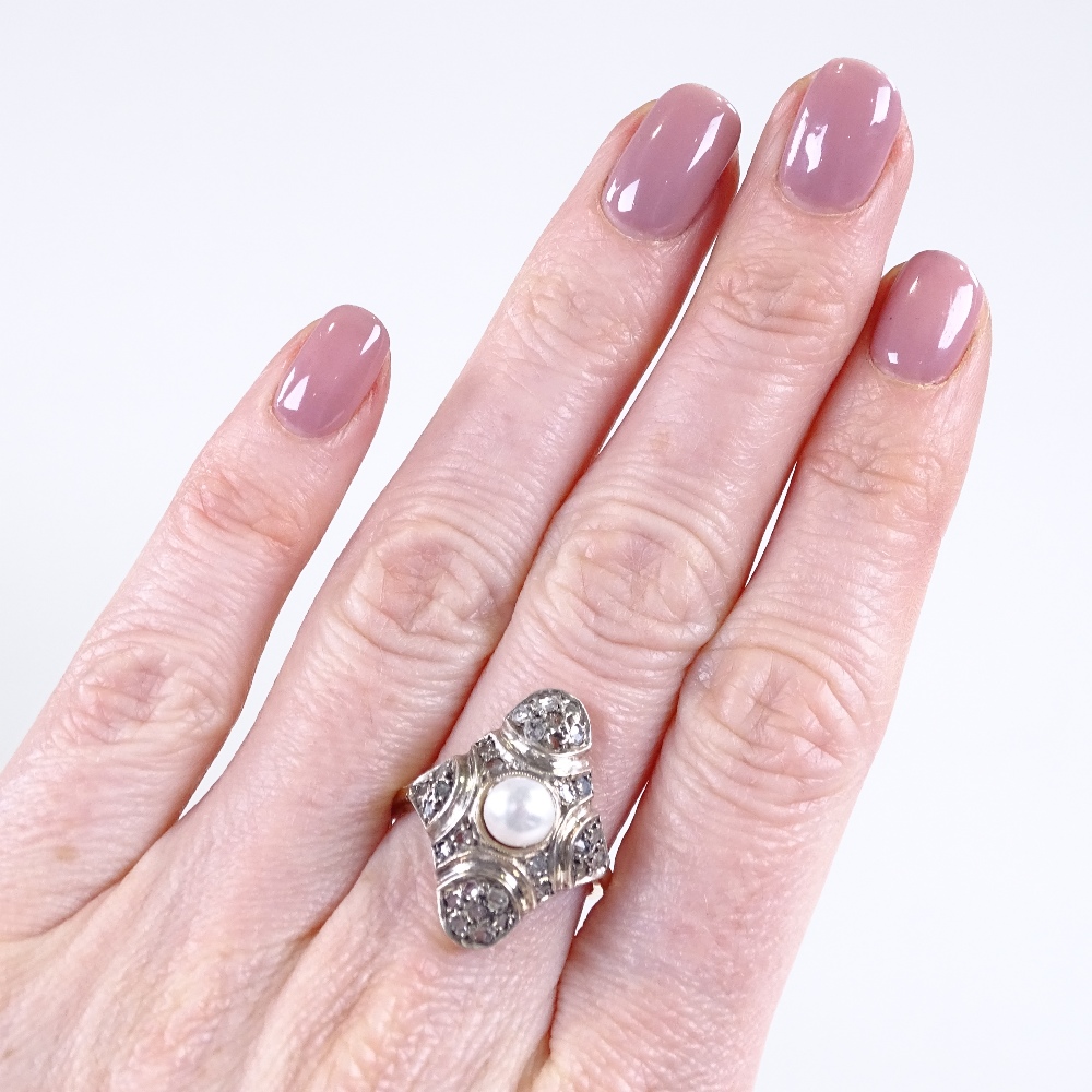 An unmarked gold pearl and rose diamond panel dress ring, panel height 24.5mm, size P, 4.7g - Image 4 of 4